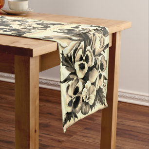 Exotic Watercolor Sepia Pansies Short Table Runner