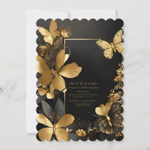 Exotic Wedding Black Gold Floral Butterfly Invitat
