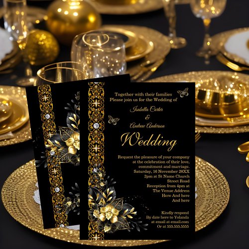 Exotic Wedding Black Gold Floral Butterfly  Invitation