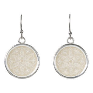 Exotic White Mandala on Beige Background Earrings
