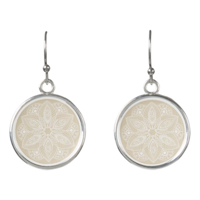 Exotic White Mandala on Beige Background Earrings (Front)