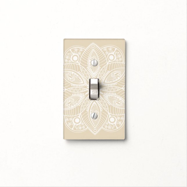 Exotic White Mandala on Beige Background Light Switch Cover (In Situ)