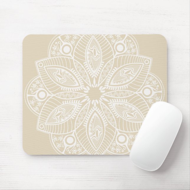 Exotic White Mandala on Beige Background Mouse Pad (With Mouse)