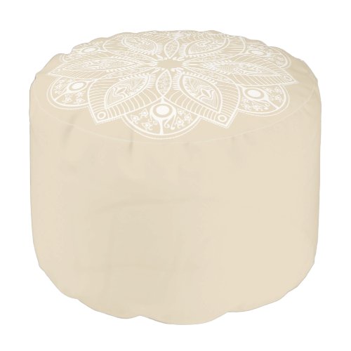 Exotic White Mandala on Beige Background Pouf