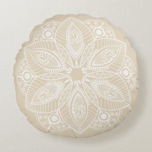 Exotic White Mandala on Beige Background Round Pillow