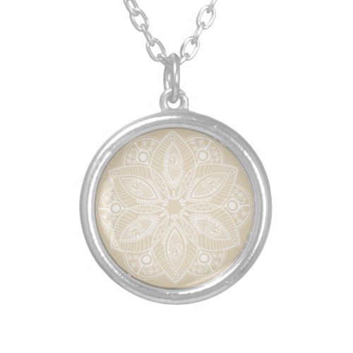 Exotic White Mandala on Beige Background Silver Plated Necklace