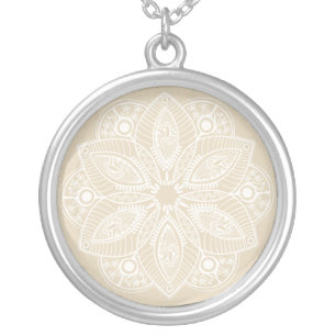 Exotic White Mandala on Beige Background Silver Plated Necklace