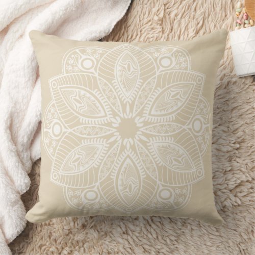 Exotic White Mandala on Beige Background Throw Pillow