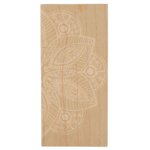 Exotic White Mandala on Beige Background Wood Flash Drive