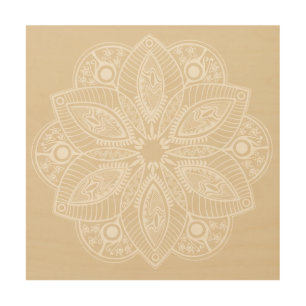 Exotic White Mandala on Beige Background Wood Wall Art