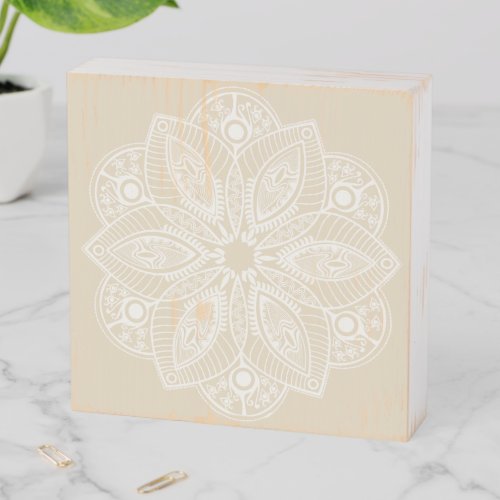 Exotic White Mandala on Beige Background Wooden Box Sign