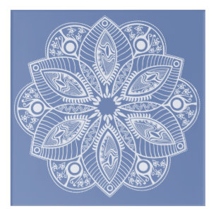 Exotic White Mandala on Blue Background Acrylic Print