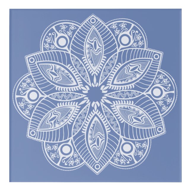 Exotic White Mandala on Blue Background Acrylic Print (Front)