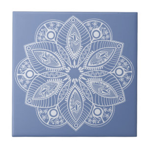 Exotic White Mandala on Blue Background Ceramic Tile
