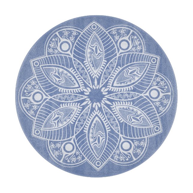 Exotic White Mandala on Blue Background Cutting Board (Front)