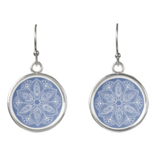 Exotic White Mandala on Blue Background Earrings
