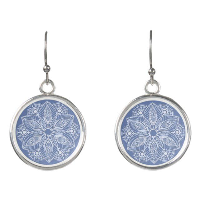 Exotic White Mandala on Blue Background Earrings (Front)