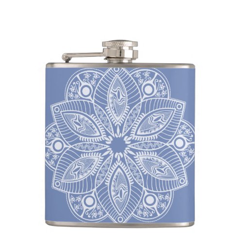 Exotic White Mandala on Blue Background Flask