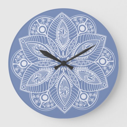 Exotic White Mandala on Blue Background Large Clock