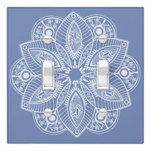 Exotic White Mandala on Blue Background Light Switch Cover