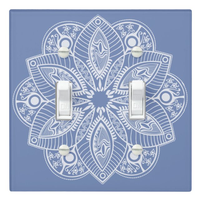 Exotic White Mandala on Blue Background Light Switch Cover (In Situ)