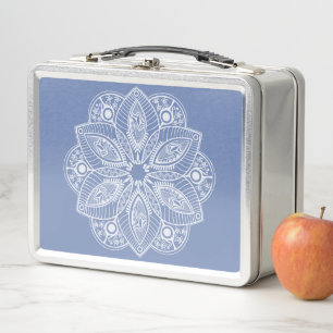 Exotic White Mandala on Blue Background Metal Lunch Box