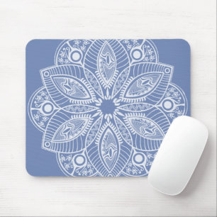 Exotic White Mandala on Blue Background Mouse Pad