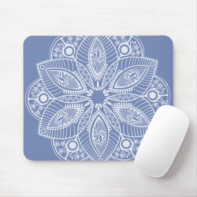 Exotic White Mandala on Blue Background Mouse Pad (With Mouse)