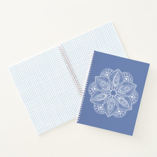 Exotic White Mandala on Blue Background Notebook (Inside)