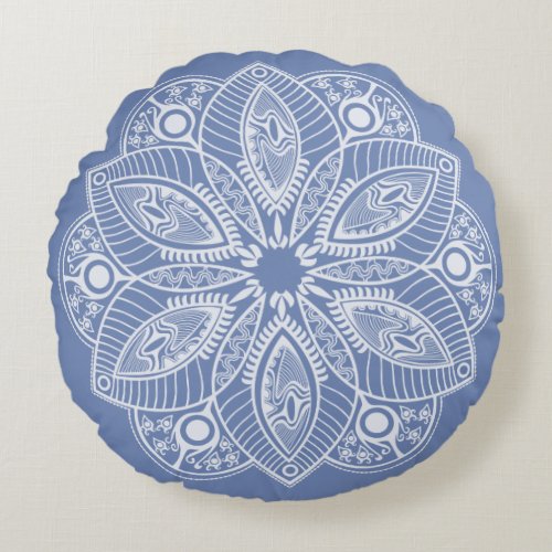 Exotic White Mandala on Blue Background Round Pillow