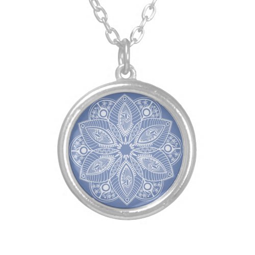 Exotic White Mandala on Blue Background Silver Plated Necklace