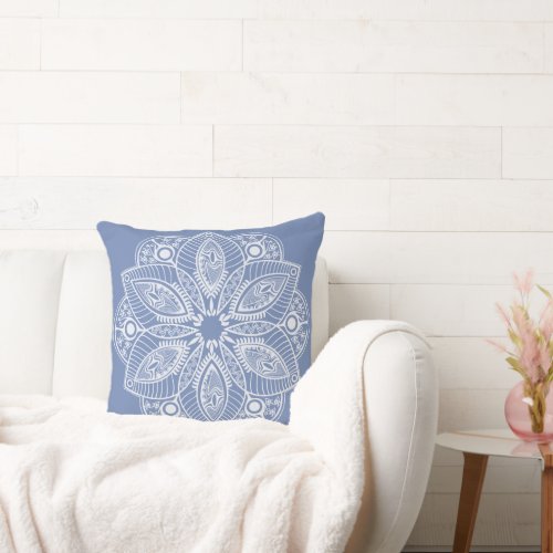 Exotic White Mandala on Blue Background Throw Pillow