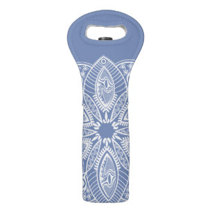 Exotic White Mandala on Blue Background Wine Bag