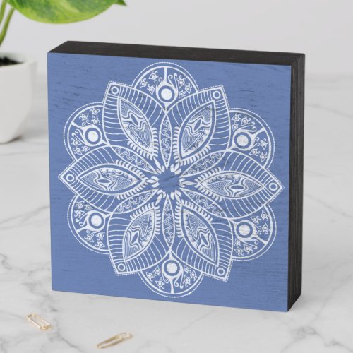 Exotic White Mandala on Blue Background Wooden Box Sign