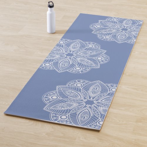 Exotic White Mandala on Blue Background Yoga Mat