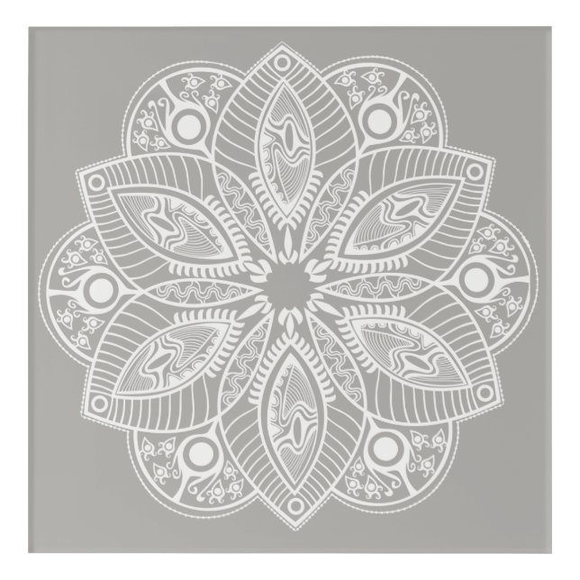 Exotic White Mandala on Gray Background Acrylic Print (Front)