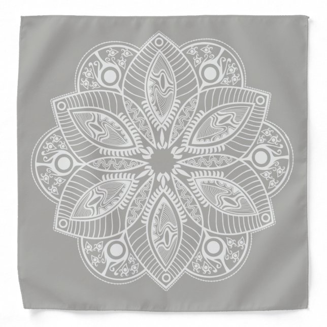 Exotic White Mandala on Gray Background Bandana (Front)