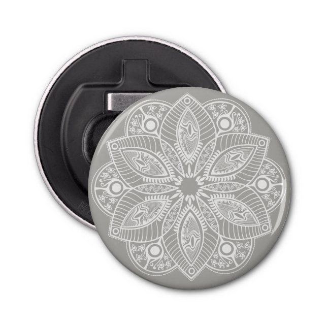 Exotic White Mandala on Gray Background Bottle Opener (Front)