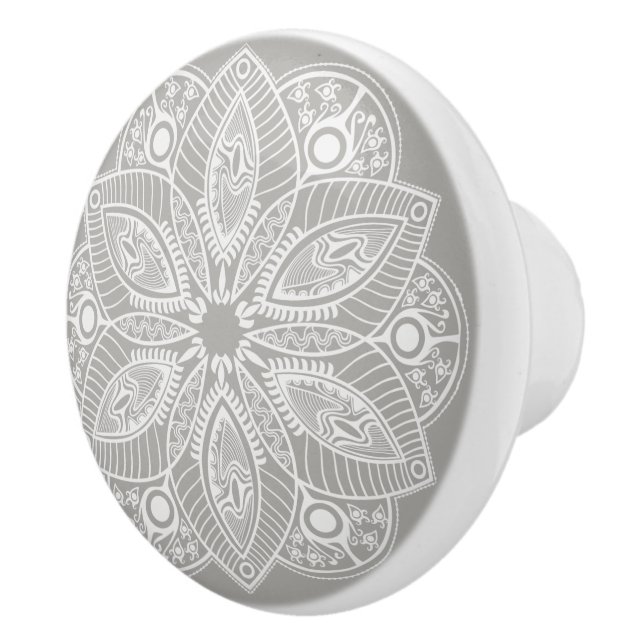 Exotic White Mandala on Gray Background Ceramic Knob (Right)