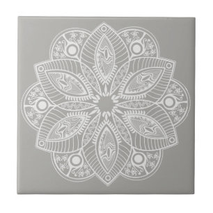 Exotic White Mandala on Gray Background Ceramic Tile