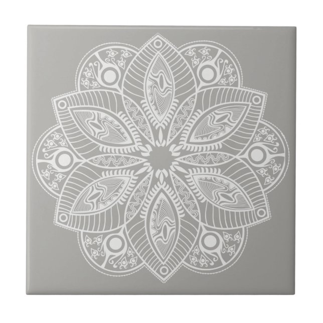 Exotic White Mandala on Gray Background Ceramic Tile (Front)