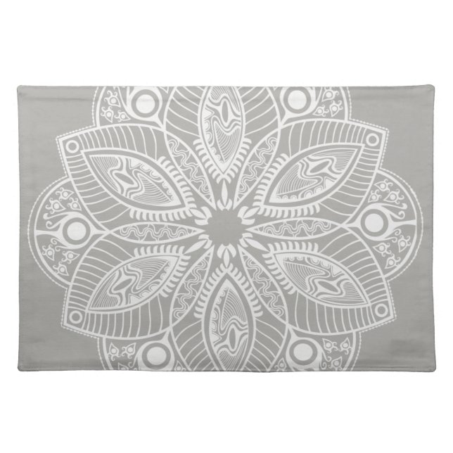 Exotic White Mandala on Gray Background Cloth Placemat (Front)