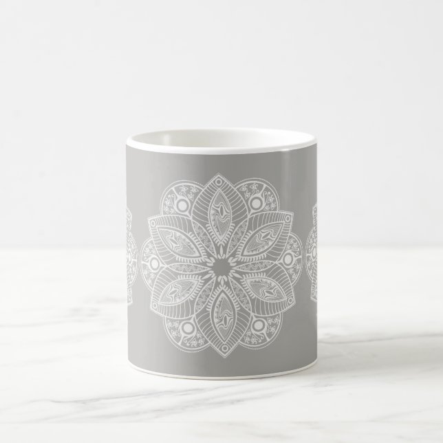 Exotic White Mandala on Gray Background Coffee Mug (Center)