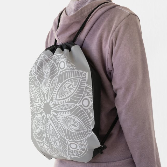 Exotic White Mandala on Gray Background Drawstring Bag (Insitu)