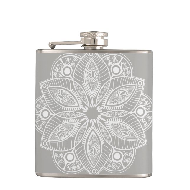 Exotic White Mandala on Gray Background Flask (Front)