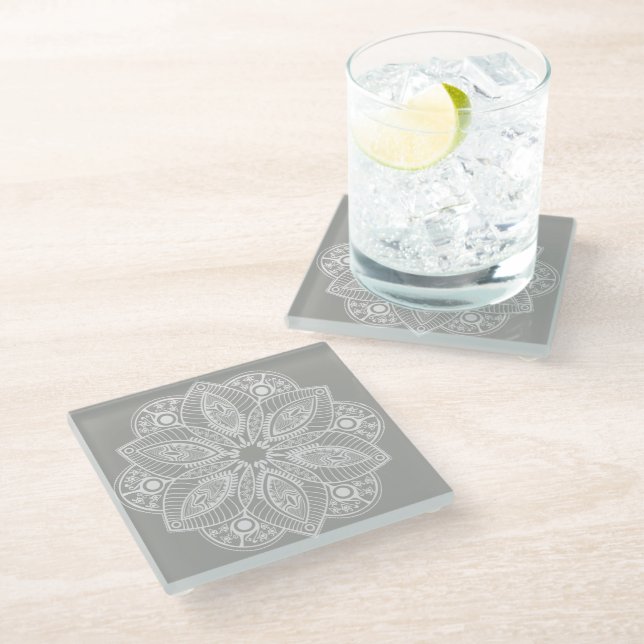 Exotic White Mandala on Gray Background Glass Coaster (Angled)