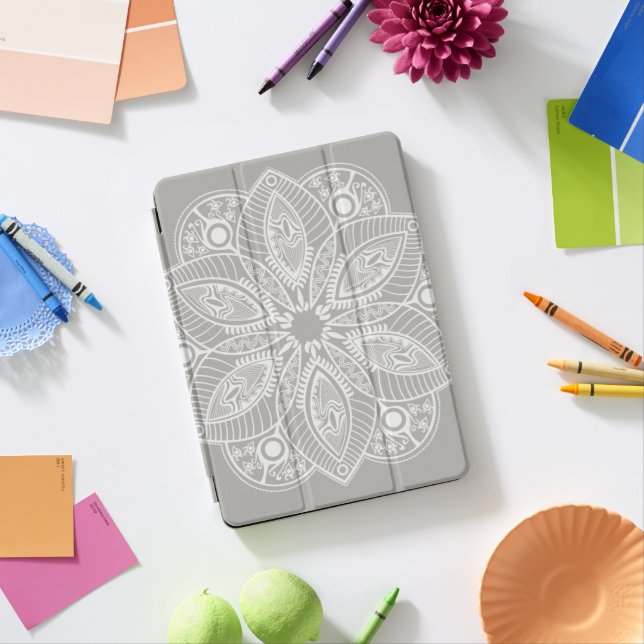 Exotic White Mandala on Gray Background iPad Air Cover (In Situ)