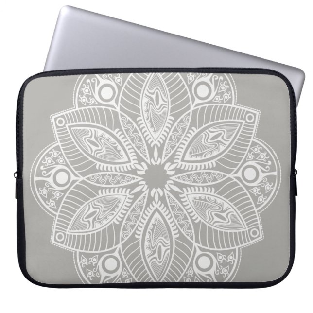 Exotic White Mandala on Gray Background Laptop Sleeve (Front)