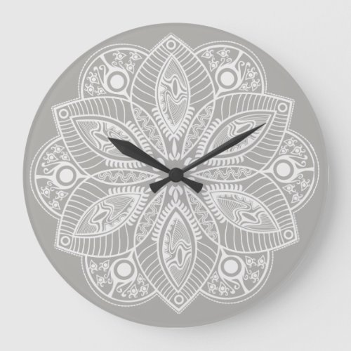 Exotic White Mandala on Gray Background Large Clock