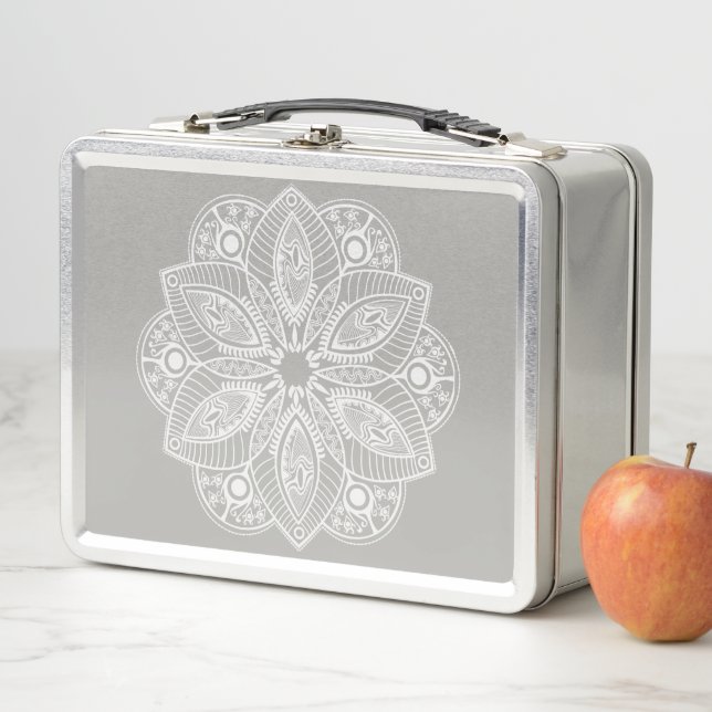 Exotic White Mandala on Gray Background Metal Lunch Box (In Situ)